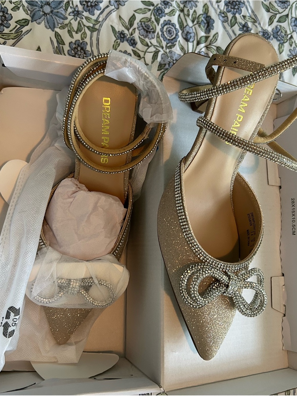 Dream Pairs Gold Glitter Strappy Pointed Toe Heels with Rhinestone Bow